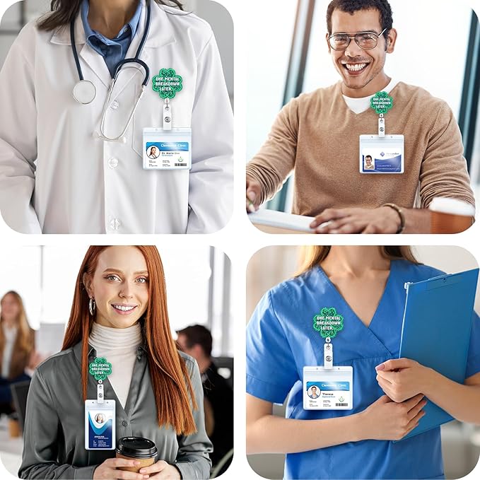ONE Mental Breakdown Later… Funny Four-Leaf Clover Badge Reel | Retractable ID Card Green Badge Holder | Name Tag Work Badge Clip for RN LPN CNA MA ER Night Shift Nurse Doctor | Nurse Gifts | Acrylic