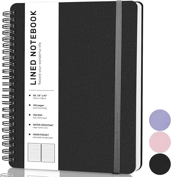 Lined Spiral Journal Notebook, B5 Spiral Notebook, 7.8''×10'' Journaling Notebooks for Work, School, Women, College Ruled Spiral Notebook, Hardcover Leather Notebook for Note Taking Business, Black