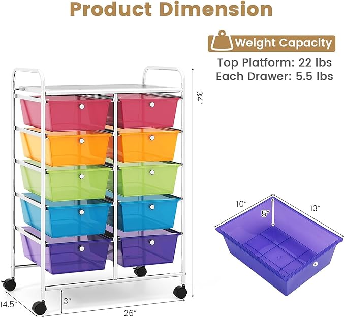 LDAILY 10 Drawer Rolling Cart, Storage Cart Organizer on Wheels, Drawer Cart with Metal Frame & Large Storage Capacity, Rolling Cart with Drawers for Living Room Classroom, Office