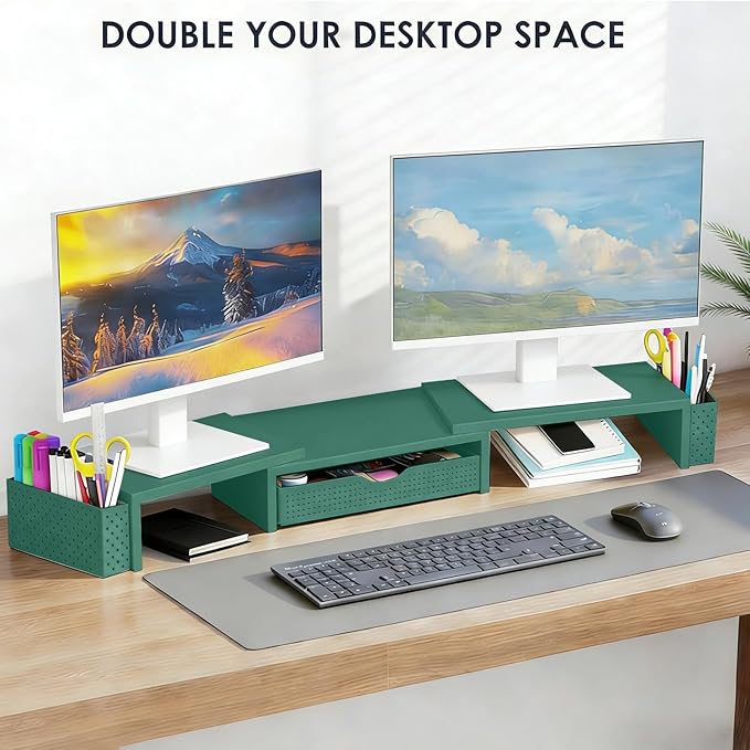 Spacrea Metal Desk Organizers and Accessories, Dual Monitor Stand Riser with Drawer and 2 Pen Holders, Desk Accessories & Workspace Desktop Organizers for Office Supplies (Dark Gree)
