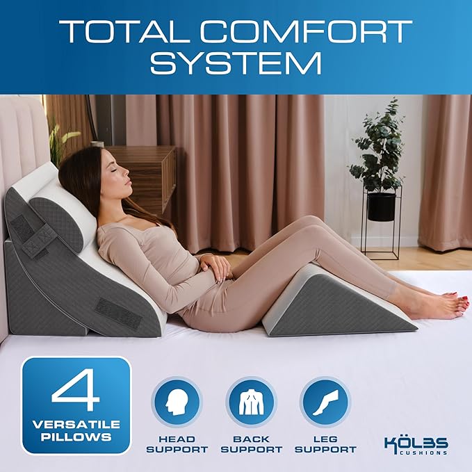Kolbs 4pcs Orthopedic Bed Wedge Pillow Set for After Surgery, Sleep Apnea Pillow | Stylish Plush Velvet Cover | Deluxe Cushion Set for Sleeping and Acid Reflux, Sleep Apnea Devices (4 Piece Wedge Set)