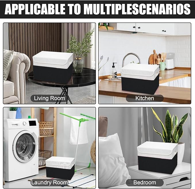 Bagnizer Large 22 Quart Linen Fabric Foldable Storage Bin Cube Organizer Basket with Flip-Top Lid & Handles, Clothes Blanket Box for Home, Office, Closet, Black & White, 4 Pack 14.6 x 9.5 x 9.5