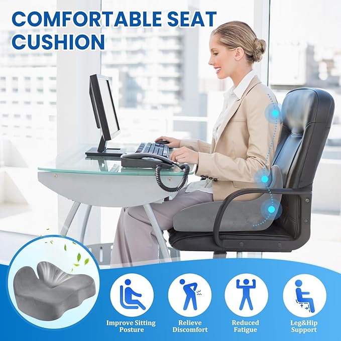 CushZone Seat Cushion, Memory Foam Office Chair Seat Cushion for Office Chairs/Car/Long Trip/Desk Chair/Gaming, Large Size for Sciatica & Hip & Tailbone Pain Relief, Sciatica Support (Light Gray)