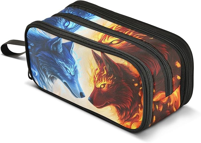 BOENLE Wolf Ice Blue Fire Pencil Case Box Boys Girls Large Pencil Pouch with Zipper Compartments Big Capacity Stationery Pen Bag Organizer for Kids Teens Adults School