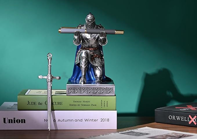HDMbigmi King's Guard Leader Cloak Warrior Knight Pen Holder Mobile Phone Stand, Ornament Knight Statue, Pen Stand Paperweight for Office and Home (SilverBlue)