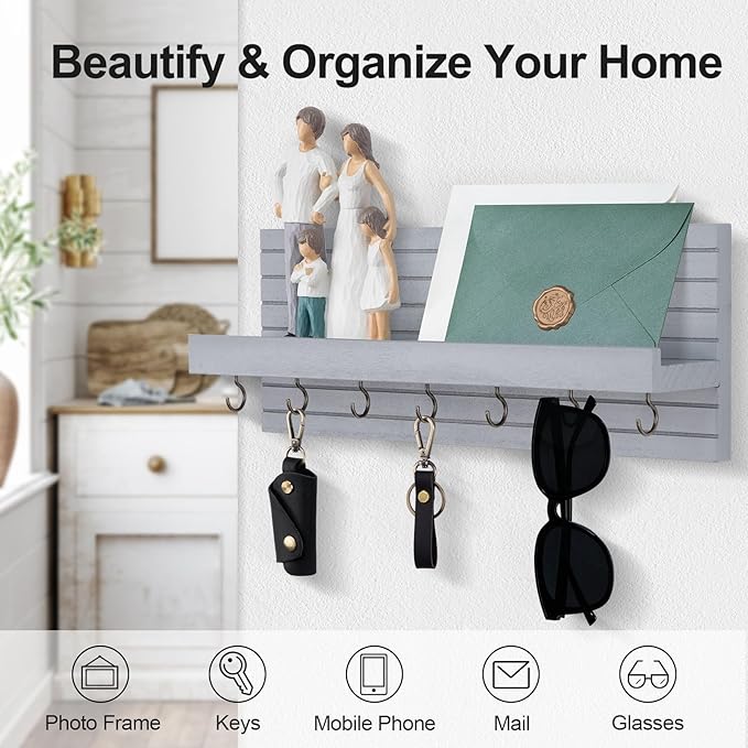 Lwenki Decorative Key Holder for Wall with Shelf, Entryway Shelf with Hooks Holds Leashes, Jackets and Glasses – Sturdy Wood Keyholder Entrance Hanger with Mounting Hardware (Gray, Large)