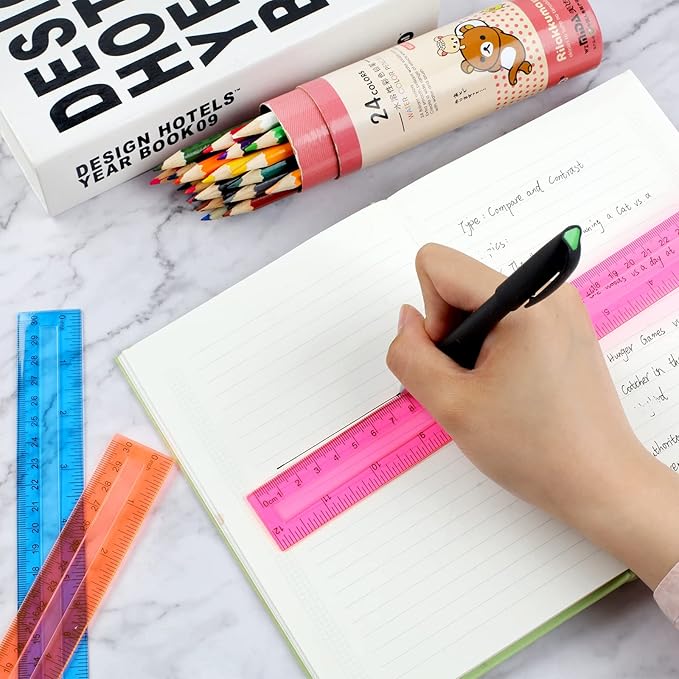 7PCS Clear Ruler, 12 Inch Plastic Rulers for School, Home, or Office, Clear Plastic Rulers, Assorted Colors.