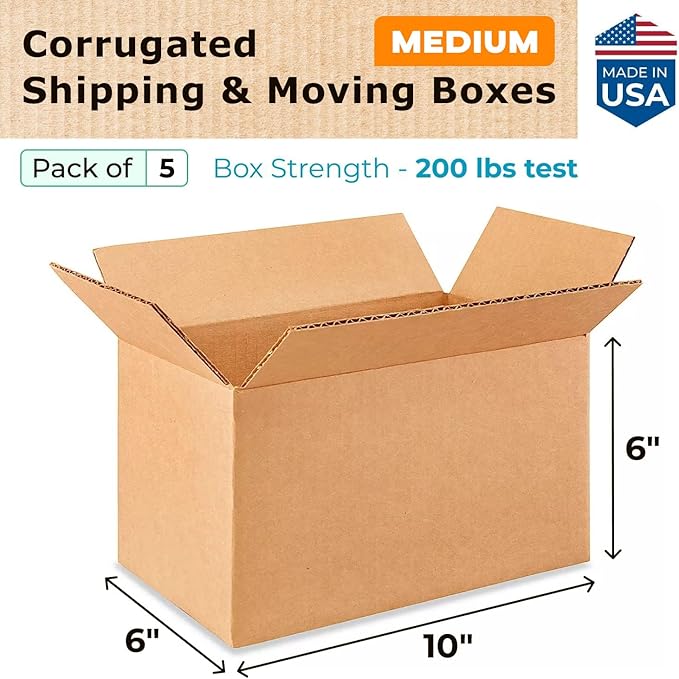 Medium Moving & Shipping Boxes 10 x 6 x 6 inches (5-Pack) - Extra Strength 200 lb vs Regular - Corrugated Cardboard Boxes for USPS/UPS/FEDEX - Box for Packaging - Medium Box by IDL Packaging
