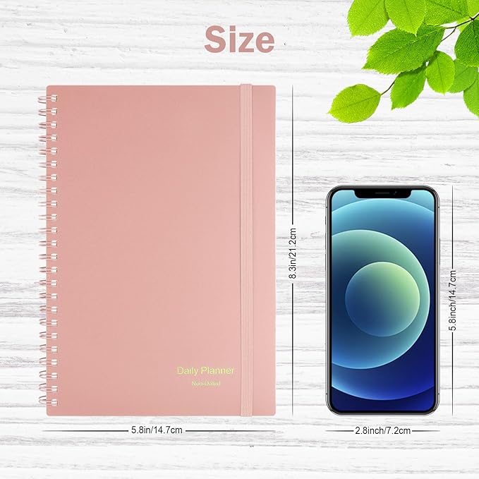 Asten Daily Undated Planner - To Do List Notebook With Hourly Schedule and Spiral Appointment Book for Men and Women, ADHD Work Planner With Inner Pocket, 8.3"x5.8", Pale Pink
