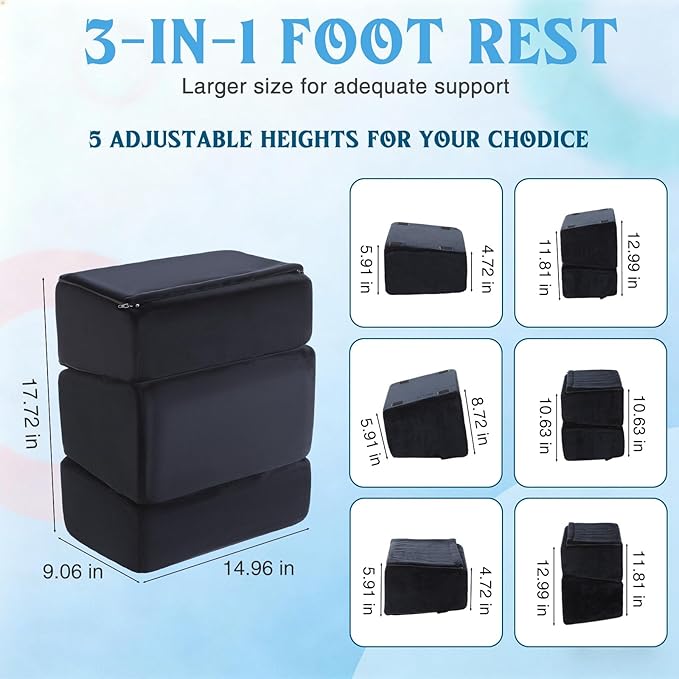 Novabright Foot Rest Under Desk at Work with 3 Adjustable Height, Non-Slip Ergonomic Foot Stool with Gel Top and Warm Pocket for Home Office Car Leg Back Rest(15" X 9" X 17.7",Parallel,Black)