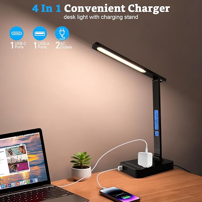 snsok Smart Desk Lamp with Dual USB Charging (Type-C/USB-A) & 2 AC Outlets, Digital Clock, Temperature Display, 5 Color Modes, 5 Brightness, Adjustable - for Office, Bedroom, Dorm Room, Study