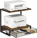 ELITEROO 2-Tier Desktop Printer Stand with Storage Drawer, Wooden Printer Stand for Desk, Small Printer Table with Shelf for Home Office, Fits Fax Machine, Scanner, 3D Printer, Rustic Brown