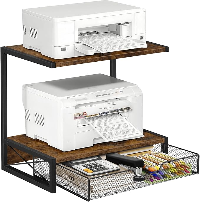 ELITEROO 2-Tier Desktop Printer Stand with Storage Drawer, Wooden Printer Stand for Desk, Small Printer Table with Shelf for Home Office, Fits Fax Machine, Scanner, 3D Printer, Rustic Brown