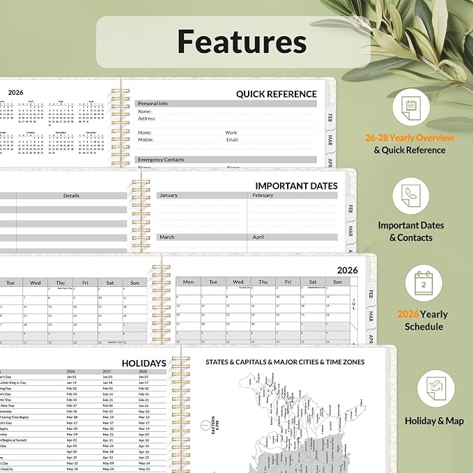 SUNEE 2026 Planner, Weekly and Monthly Calendar Planner, January 2026-December 2026, Daily Agenda with Tabs, Note Pages, Spiral Binding, 8.5"x11", Eucalyptus