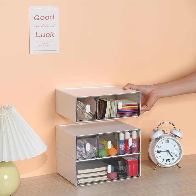 OSteed Desktop Drawers, Desk Organizer with 3 Drawers & Upright Handles, Stackable Plastic Storage Box for Home Collection, Cosmetics, Office Supplies (1 Tall Layer, White & Clear)
