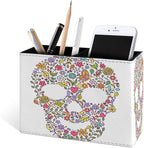 Famame Abstract Floral Leaves Skull Pencil Holder for Desk, Leather Desktop Container Pen Cup Storage Study Table Pen Organizer Makeup Brush Holder for Classroom Office Home
