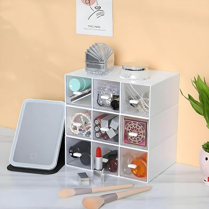 OSteed Desktop Drawers, Desk Organizer with 9 Drawers, Stackable Plastic Storage Box for Home Collection, Cosmetics, Jewelry, Office Supplies (3 Tiers, White)