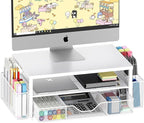 OPNICE Desk Organizers and Accessories, 2-Tier Computer Monitor Stand Riser with Drawer and 2 Pen Holders, Laptop Stand, Office Desk Accessories for Office Supplies, White