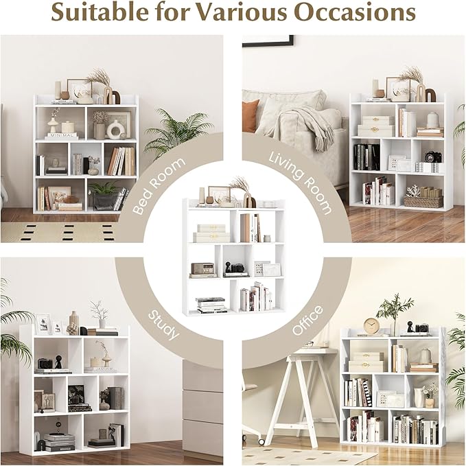 Giantex 7 Cube Bookshelf of 2, Free-Standing Wooden Bookcase, 4 Tier Home Display Shelf, Horizontal Storage Unit w/Anti-Toppling Devices, Open-Back Display Rack for Study, Living Room, White