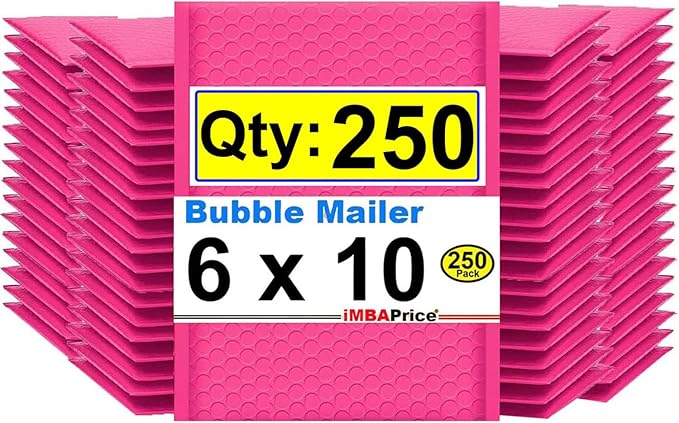 iMBAPrice 6x10 Inch Hot Pink Bubble Mailers #0 – 250 Pack Self-Seal Padded Envelopes, Waterproof Bubble Shipping Bags for Small Business, Mailing & Packaging