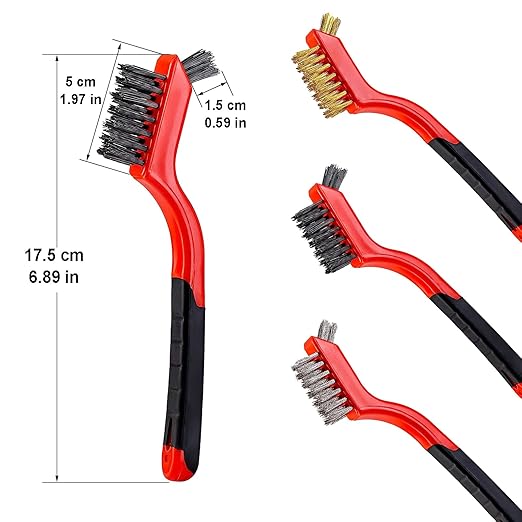 YiwerDer 6Pcs Mini Wire Brush Set, Stainless Steel/Brass/Nylon Bristles Wire Brushes, Curved Handle Soft Grip for Rust, Dirt & Paint Scrubbing with Deep Cleaning – 7 Inches (Red)