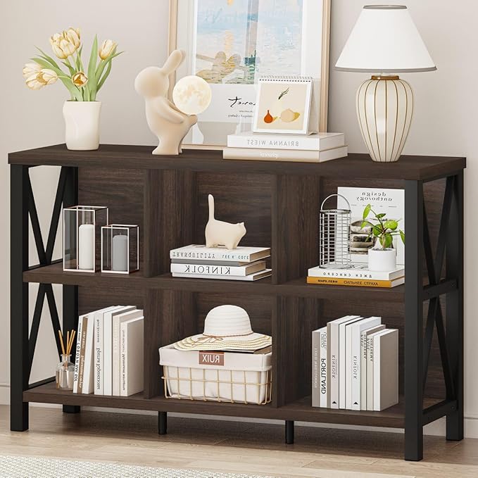 FATORRI 6 Cube Storage Organizer with Shelf, Short Horizontal Bookshelf for Living Room, Wood and Metal Cubby Bookcase, 47 Inch Industrial Low Book Shelf and Book Case (Dark Walnut)