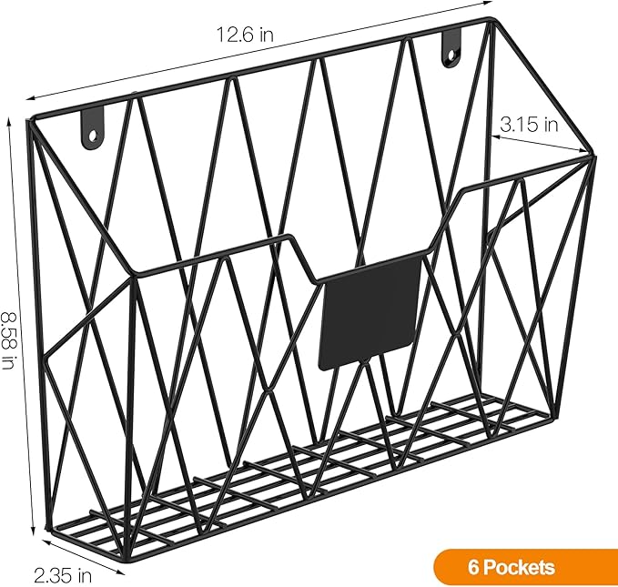 CADUKE 6 Pack Wall File Organizer, Metal Hanging Folder Holder Mail Magazine Organizer Wall Mounted with Hooks & Label Panels for Office Home, Black