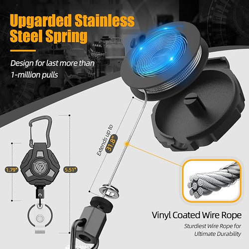 1 Pack Retractable Keychain Heavy Duty, Badge Reels Retractable, Tactical ID Badge Holder with Upgraded Zinc Alloy Carabiner, 31.5'' Coated Steel Cord, Bearing 8.0 oz, Black