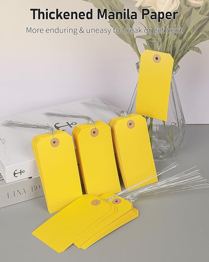 Uniclife 100 Pcs Yellow Blank Shipping Tags with Wire Attached 4.7 Inch Paper Tags Hang Tag with Reinforced Eyelet Large Marking Label Writable Price Inventory Label Tag, 4.7" x 2 3/8"