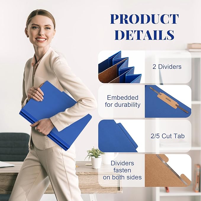 Skyygemm 48 Pcs Classification Folders Letter Size, 2 Divider Pressboard File Folders with 3. 5 Inch Expansion, 2 Prongs Fastener, Heavy Duty Office File Organizers for Teachers, Medical (Dark Blue)