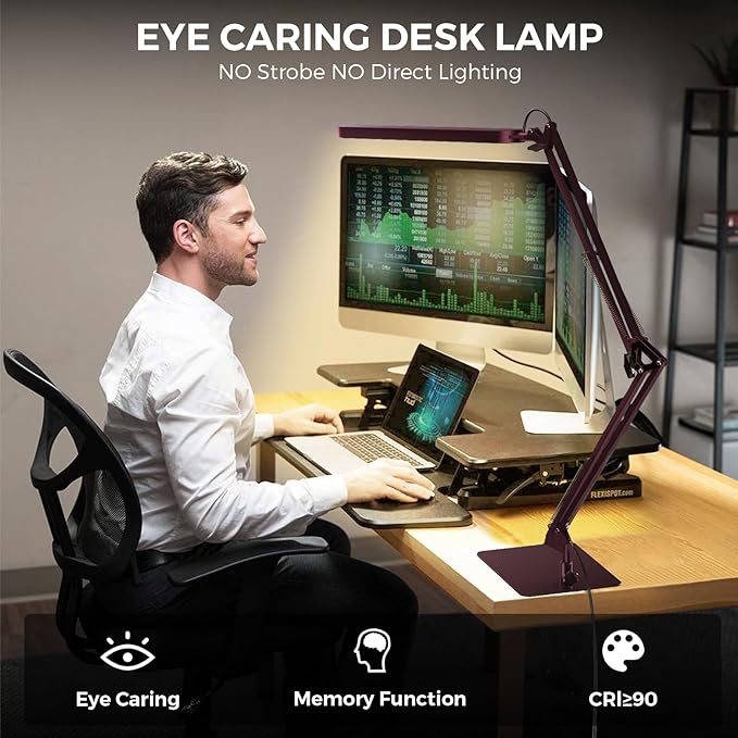 SKYLEO LED Desk Lamp with Slim Base - Adjustable Swing Arm Desk Light, Dimmable, Timer, Eye Protection, Memory Function, 1300LM, 12W, Red