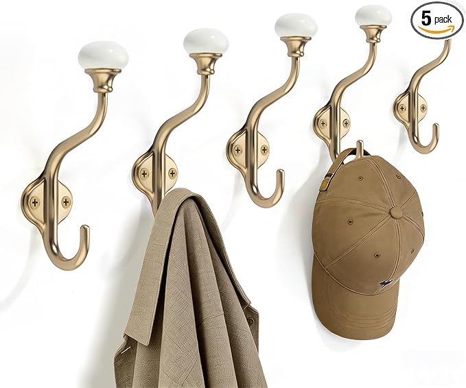 TUNNY Coat Hooks - 5 Pack Champagne Bronze Towel Hooks Robe Hooks Decorative Wall Hooks for Bathroom Bedroom Kitchen Towel Robe Clothes Cabinet Closet Bathroom Hardware