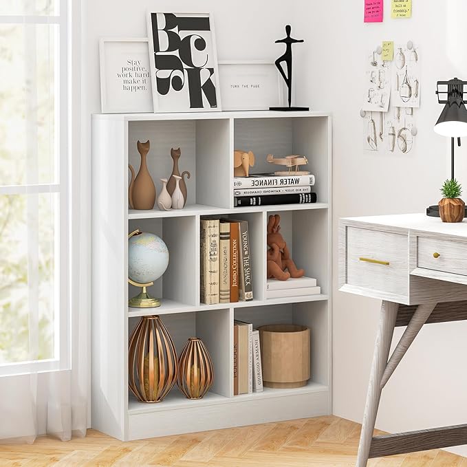Tangkula 7-Cube Bookshelf, 41” Floor Bookcase with 2 Anti-Tipping Kits, Freestanding Storage Organizer, 4-Tier Display Shelf for Home, Office & Dorms, Natural/White (White, 7-Cube)
