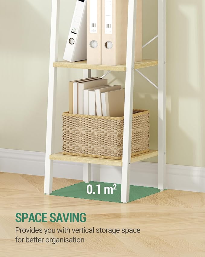 Hzuaneri Ladder Shelf, Bookshelf Bookcase, Freestanding Corner Storage Shelve with 2 Hooks for Home Office, Living Room, Kitchen, Bedroom, Industrial, 11.8" D x 13.4" W x 63" H, White Oak and White