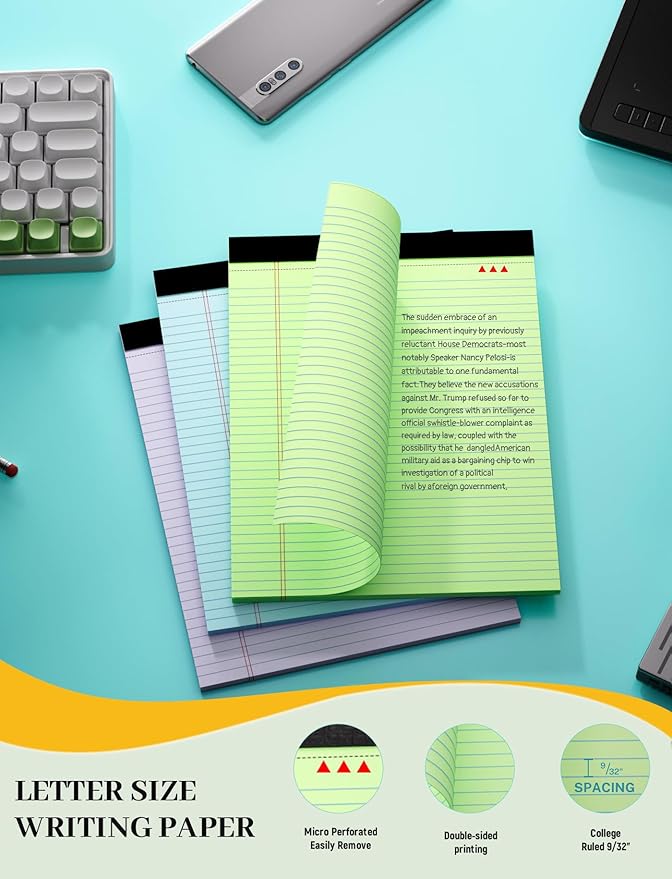Aidunmis Colored Legal Pads, 3 Pack Writing Pads 8.5 x 11, Note Pads 8.5 x 11 College Ruled, Easy Tear-Off, Note Pads Lined Paper Pads 8-1/2 x 11 Notebook Paper for Office Supplies, 30 Sheets/Pad