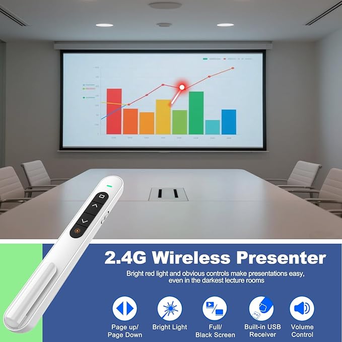 QUI Presentation Clicker for PowerPoint, RF 2.4GHz USB Wireless Presenter Remote with Volume Control, PowerPoint Clicker Slide Advancer for Mac, Windows, Laptop, Keynote