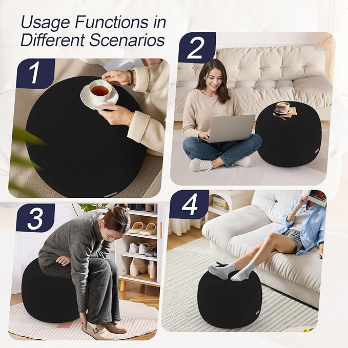 MeMoreCool Stuffed Round Pouf Ottoman Foot Rest, Floor Pouf Foot Stool with Soft Foam Chunk Filling, Small Round Ottoman Footstool Circle Footrest for Living Room, Black