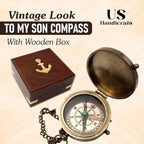 US HANDICRAFTS Brass Compass with Wooden Case | Engraved Compass from Mom to Son | Graduation Gift, Birthday, Inspirational Travel Keepsake