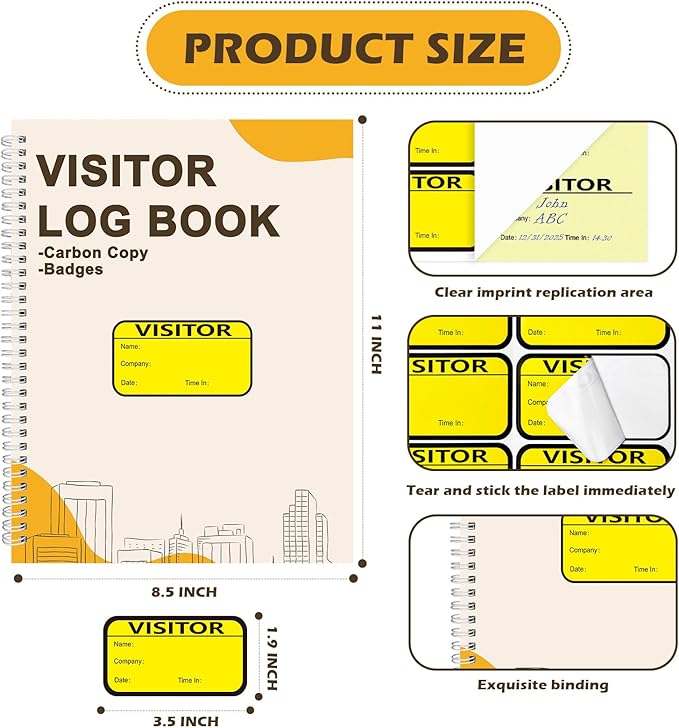 1 Pack Visitor Badges with Carbon Copy Visitor Stickers Letter Size Visitor Log Book Protecting Privacy Pages School Church Business Pass 150 Visitor Badges Guest Register Book 30 Memo Pages (1)
