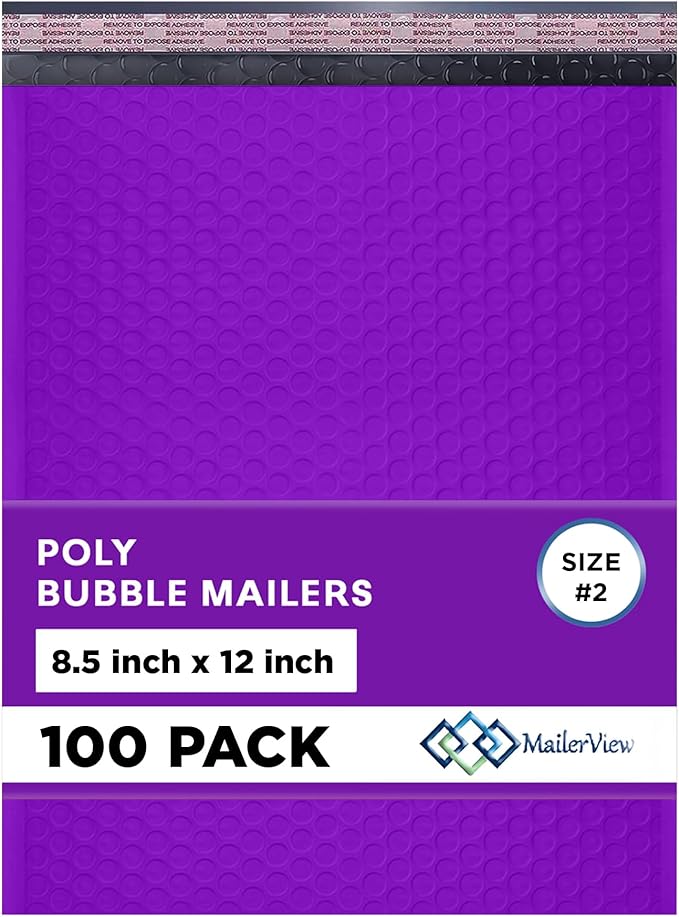 Purple Poly Bubble Mailers 8.5x12 inch #2 | Self Seal Padded Envelopes | Cushioned Bubble Mailer | Usable Size 8.5x11 | WaterProof | Lightweight mailing Shipping Bags | 100 Pack Bulk