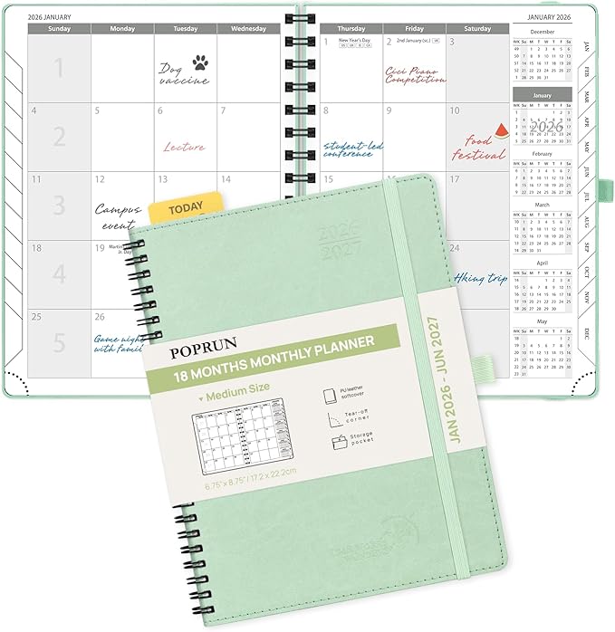 POPRUN Monthly Planner 2026-2027 (Medium 6.5" x 8.5") 18 Months Calendar Book(Jan 2026 - Jun 2027) - 4 Pages per Month with Expense & Notes, Stair-like tabs, Leather Cover, Sunday Start - Green
