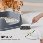 NACENA Mini Broom and Dustpan Set, Small Dust Pan and Brush Set with Handle Dustpan Teeth for Cleaning Hair Suitable for Office Desks Drawers Sofas Outdoor Camping, White & Gray