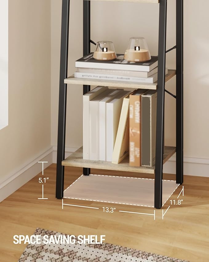 Hzuaneri Ladder Shelf, Bookshelf Bookcase, Freestanding Corner Storage Shelve with 2 Hooks for Home Office, Living Room, Kitchen, Bedroom, Industrial, 11.8" D x 13.4" W x 47.2" H, Greige BC13205B