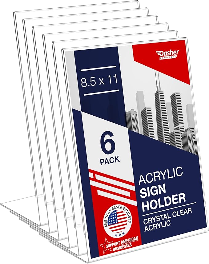 Acrylic Sign Holder 8.5 x 11, Slant Back Display Stand, A-Frame Flyer Display for Office, Menu Holder, and Table Signs. Acrylic Stands for Paper and Sign Frame, Perfect for Tabletop Use (6 Pack)