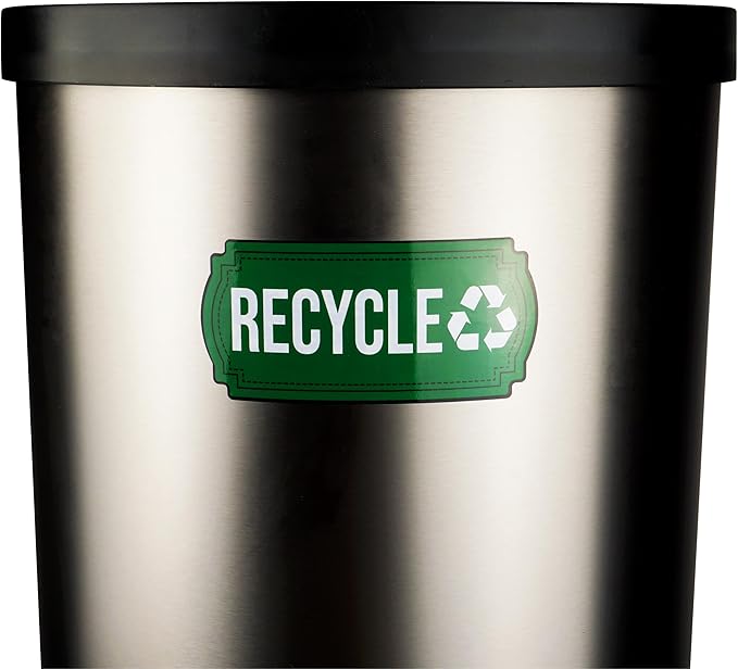 Recycle and Trash Stickers for Trash Cans - Vinyl Recycling Bin Labels - 2 Pack - 6.5" by 3" Green & Black Decals Logo Set - Waste Signs for Home Kitchen or Office Bins Indoor/Outdoor Use