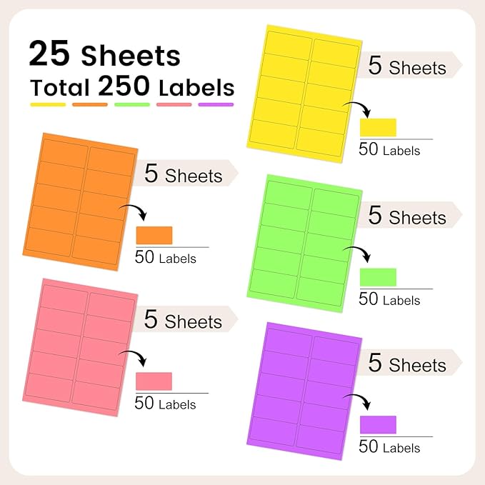 THEBLUETOUCH 2" x 4" Colored Labels Stickers, 5 Bright Colors Assorted Neon Labels for Laser/Inkjet Printers, 250 Printable Address Stickers (25 Sheets)