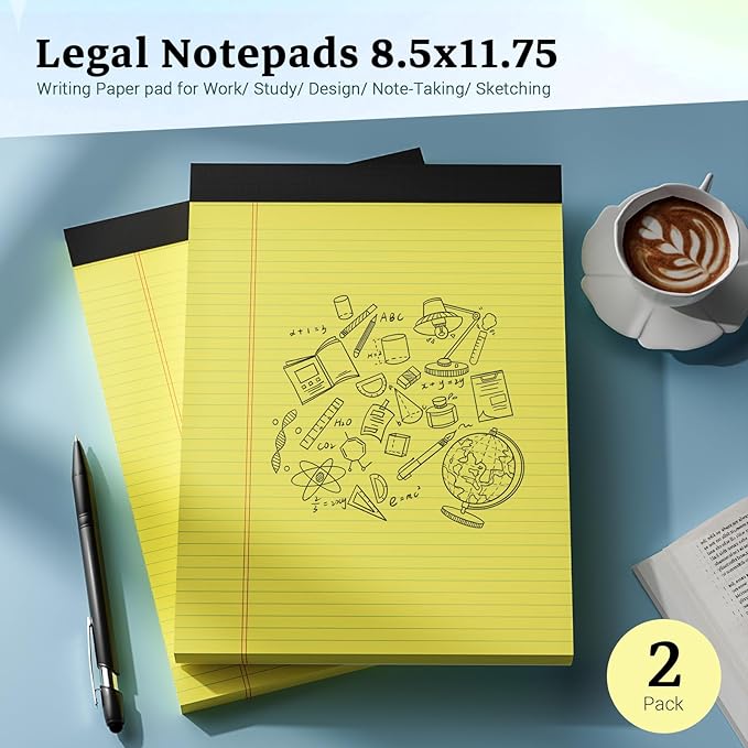 Roneky Legal Pads 8.5 x 11 Yellow Note Pads, 2 Pack College Ruled Notepads 8.5 x 11 Lined Paper, Yellow Notebook Paper Writing Pads 30 Sheets Per Legal Pads 8.5x11 for Home Office School Supplies