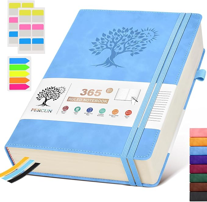 PERCUN B5 Lined Journal Notebook - 365 Page Large Leather Journals for Writing Women Men，Hardcover Notebook with 100Gsm Thick Pages，Daily Diary for Travel, Work，School，College Ruled (7.6" x 10.3")