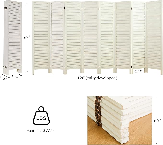 Room Dividers and Folding Privacy Screens, Wood Louvered Separators Divider Wall for Home Office Bedroom - 8 Panels (White-Washed)