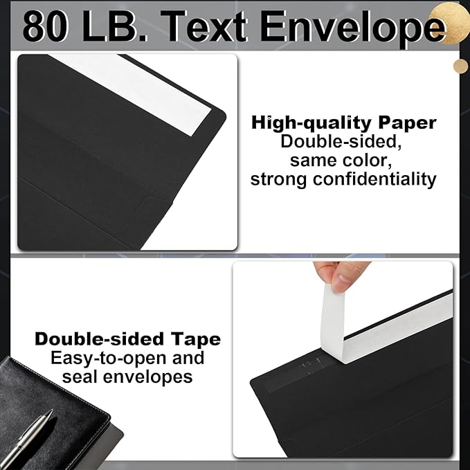 Marspark 100 Qty #10 Black Business Envelopes 80 lb 4-1/8'' x 9-1/2'' Peel Press Letter Size Envelopes Professional Mailing Printable for Security Office Use Home Mail